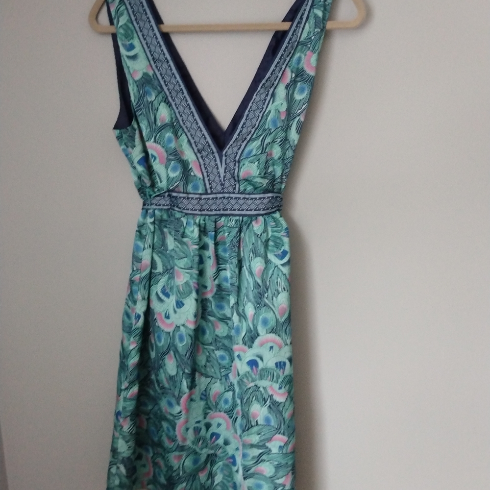H&M Peacock Feather Midi Dress Sleeveless Silky Green Blue Pink Large Size 14